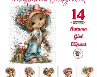 Autumn Girl Clipart PNG, Fall Children Digital Download, Baby Girl with Mushrooms, Watercolor Kids Clipart, Nursery PNG, Commercial Use