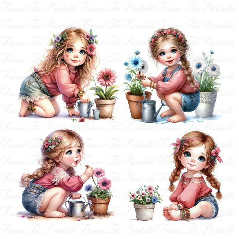May include: Watercolor illustration of four little girls gardening. Each girl wears a pink top, denim shorts, and a flower crown. They are depicted with watering cans and potted flowers, creating a whimsical and charming scene. The overall theme is spring and gardening.