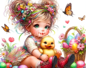 Easter Girl with Duckling Clipart PNG, Spring floral Vintage Illustration, Cute Retro Art, Pastel Eggs, Digital Download, 300 DPI Commercial