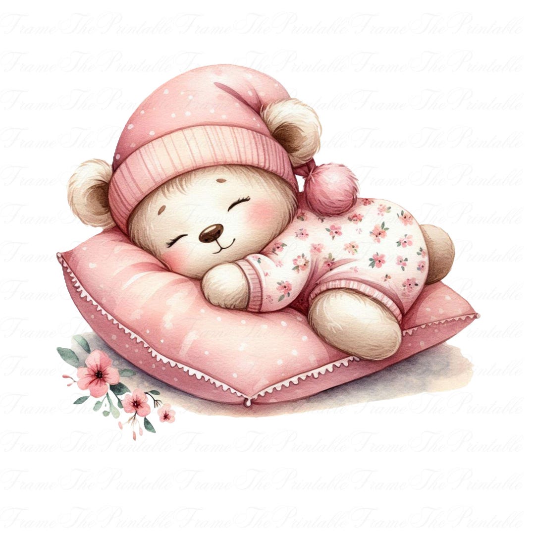 Sleeping Bear Clipart PNG Set Cute Baby Girl Teddy in Pink Pajamas ...