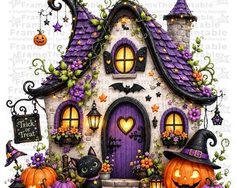 Whimsical Halloween House Clipart, Haunted Witch Cottage PNG Bundle