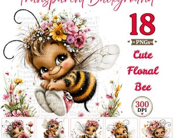 Cute Honey Bee Clipart PNG Bundle, 18 Floral Bee PNG, Transparent Background, Nursery Decor, Sublimation, Digital Download