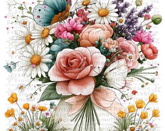 Watercolor Floral Bouquet Clipart, Butterflies, Roses and Daisies, 15 Transparent PNGs