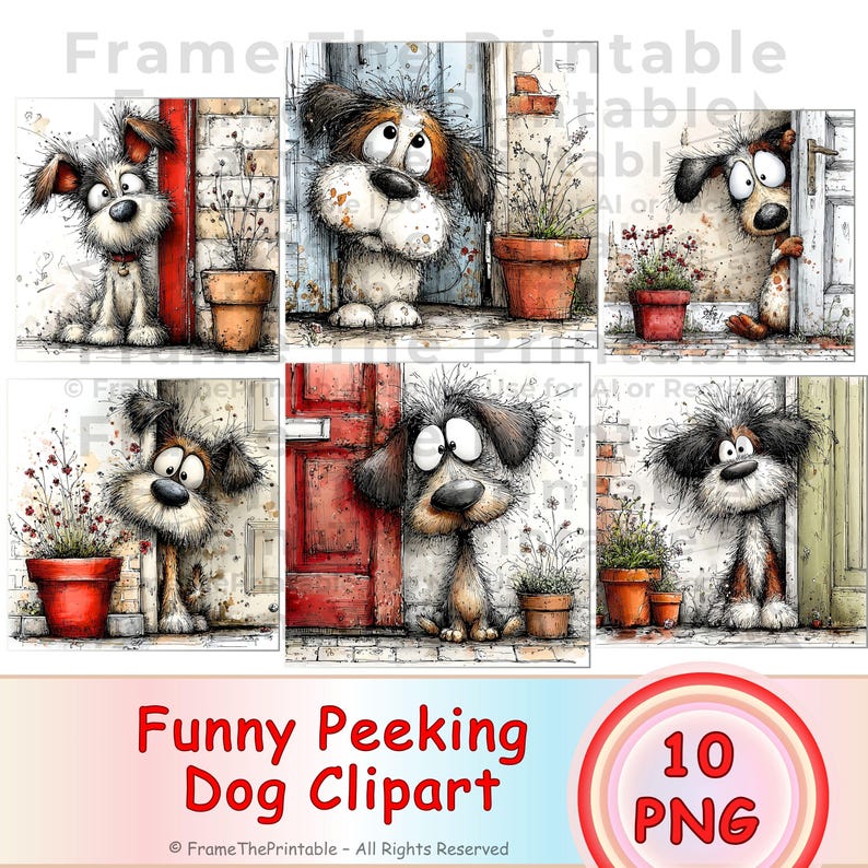 May include: A collection of six whimsical dog illustrations. Each dog is depicted peeking from behind a door or wall, with expressive eyes and fluffy fur. The artwork includes potted plants and brick backgrounds. Text reads "Funny Peeking Dog Clipart" and "10 PNG".