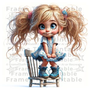 Niña peculiar con una silla. Imágenes prediseñadas. Diseño caprichoso. Uso comercial. Acuarela. Alta resolución. Fantasía. Diario basura. Manualidades en papel. Descargas instantáneas.