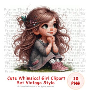 Whimsical Cute Girl Clipart Bundle, Vintage Style Girl PNG, Nursery Art, Soft Aesthetic Characters, Scrapbooking, Cards, Printable