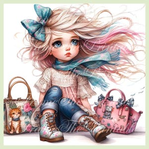 Clipart original de petite fille de mauvaise humeur à usage commercial JPG éphémères fantaisistes Journal de la malbouffe fantastique Téléchargements de travaux manuels en papier Image imprimable de poupée mignonne