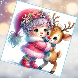 10 Clip Art de Rena de Natal Boneco de Neve Bonito Menina Aquarela PNGs Diário de Lixo Scrapbook Cartão Fazendo Download Digital Fantasia Caprichoso