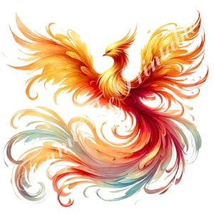 Clipart di uccello di fuoco di fenice mitologica, uccello di fiamma fantasy stravagante, uso commerciale, acquerello, JPG ad alta risoluzione, diario fantasy, artigianato di carta