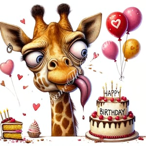 12 imágenes prediseñadas de cumpleaños de jirafas extravagantes, paquete de fiesta de animales divertidos y caprichosos, arte de acuarela, diario basura, álbum de recortes, creación de tarjetas digitales