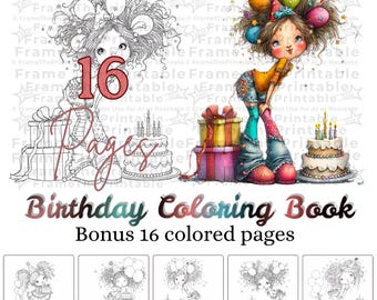 Birthday Coloring Book for Girls, 16 Printable Coloring Pages, Birthday Party Activity, Kids Printable PDF, Instant Download