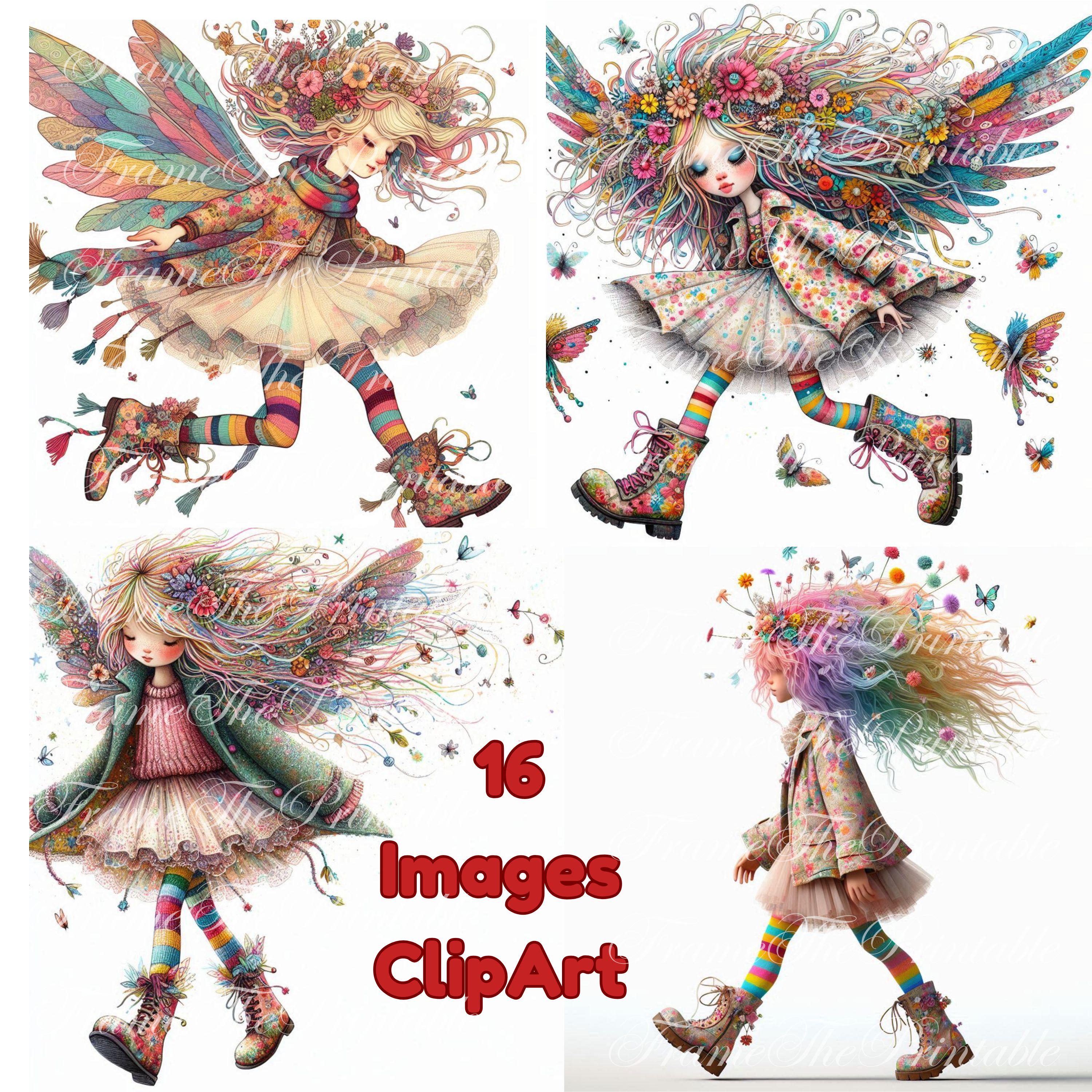 Whimsy Os 16 Fairy Tale Girl Clipart, Floral Quirky Girl PNG 300 DPI for Cards ...