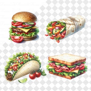May include: Watercolor illustration of four different food items: a hamburger, a wrap, a taco, and a sandwich. The hamburger has a sesame seed bun, a beef patty, cheese, and fresh vegetables. The wrap is tied with twine and filled with colorful vegetables. The taco is filled with lettuce, tomatoes, and other ingredients. The sandwich has ham, cheese, and vegetables.