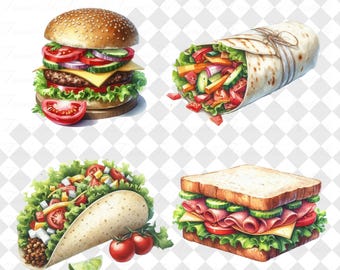 Fast Food Clipart Bundle PNG, Burger Pommes Pizza Donut Hotdog Getränke Eiscreme, 34 Bild transparenter Hintergrund, 300 DPI Sublimationsgrafik