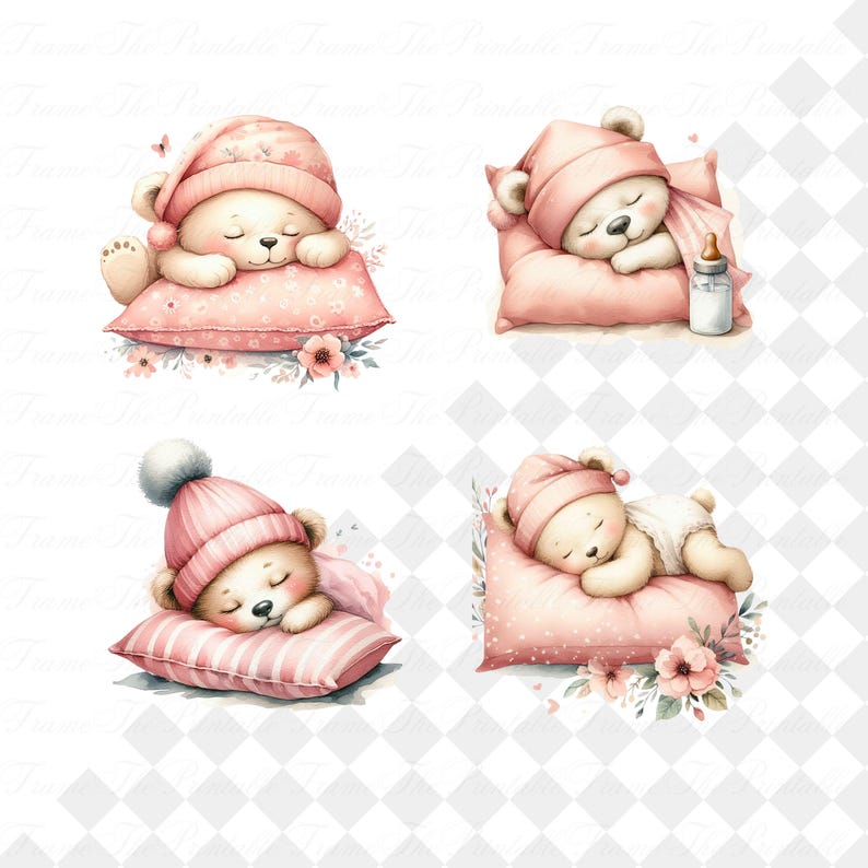 Sleeping Bear Clipart PNG Set Cute Baby Girl Teddy in Pink Pajamas ...
