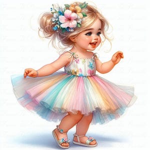 Cute Baby Girl Clipart, Pastel Rainbow Dress PNG, Floral Headband, Watercolour Baby Clip Art, 300 DPI, Sublimation Graphic, Instant Download