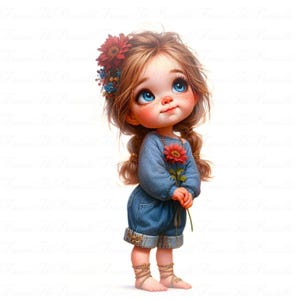 Paquete de imágenes prediseñadas de niña linda, 14 imágenes PNG de alta resolución (300 DPI), ilustraciones florales bohemias de niña, imágenes prediseñadas infantiles para manualidades, sublimación e impresión artística.