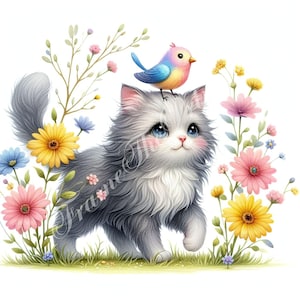 Chat floral avec oiseau JPG, téléchargement numérique de chaton mignon, animal de compagnie drôle à la maison, animal pour le journal, bundle aquarelle art fantastique scrapbooking en vrac