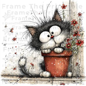 May include: A cartoon illustration of a black and white cat with big eyes, peering over a terracotta flower pot filled with red and white flowers. The cat has a surprised expression, with a red nose and whiskers. Red flowers and butterflies float around.