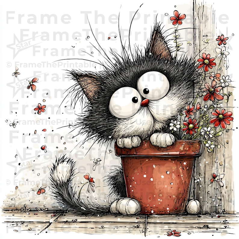 May include: A cartoon illustration of a black and white cat with big eyes, peering over a terracotta flower pot filled with red and white flowers. The cat has a surprised expression, with a red nose and whiskers. Red flowers and butterflies float around.