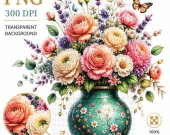 Floral Vase Clipart PNG, Watercolor Flower Bouquet, Vintage Floral Arrangement, Botanical Flowers, Transparent PNG