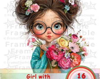 Girl with Flower Bouquet Clipart, Cute Floral Girl Illustrations, 16 PNG Transparent Background, 300 DPI Digital Download