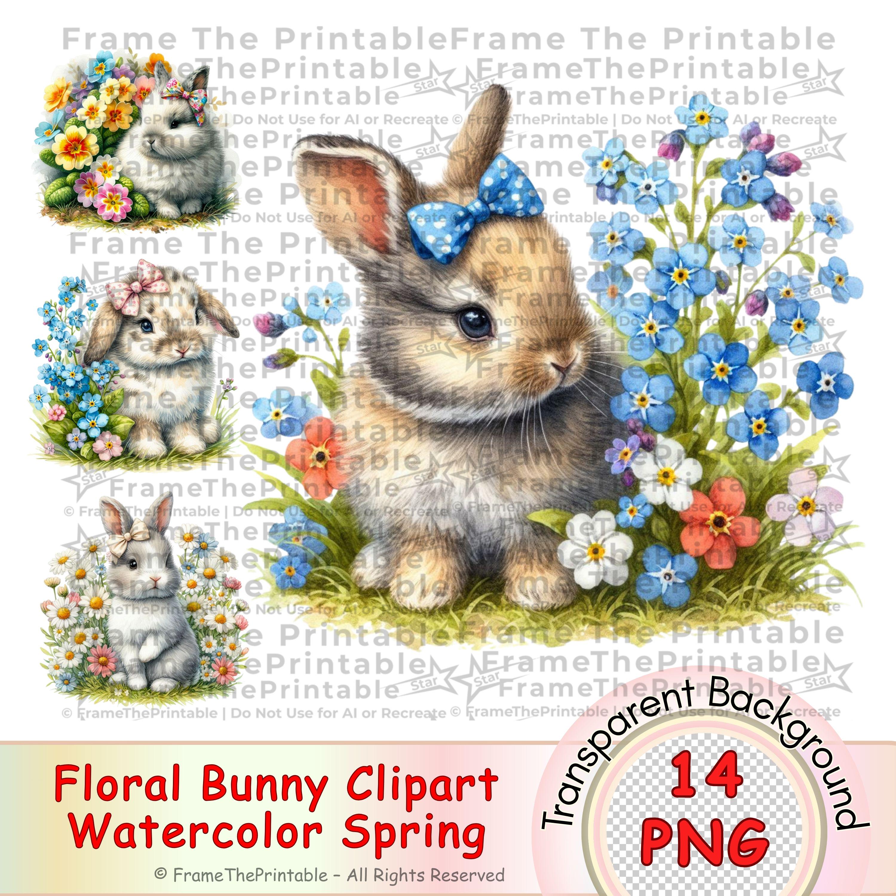 Floral Bunny Clipart Watercolor Rabbit PNG Spring Flowers Nursery ...