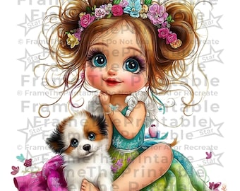 Conjunto de imágenes prediseñadas de niña con cachorro: divertidas ilustraciones de animales para tarjetas, diarios y manualidades.