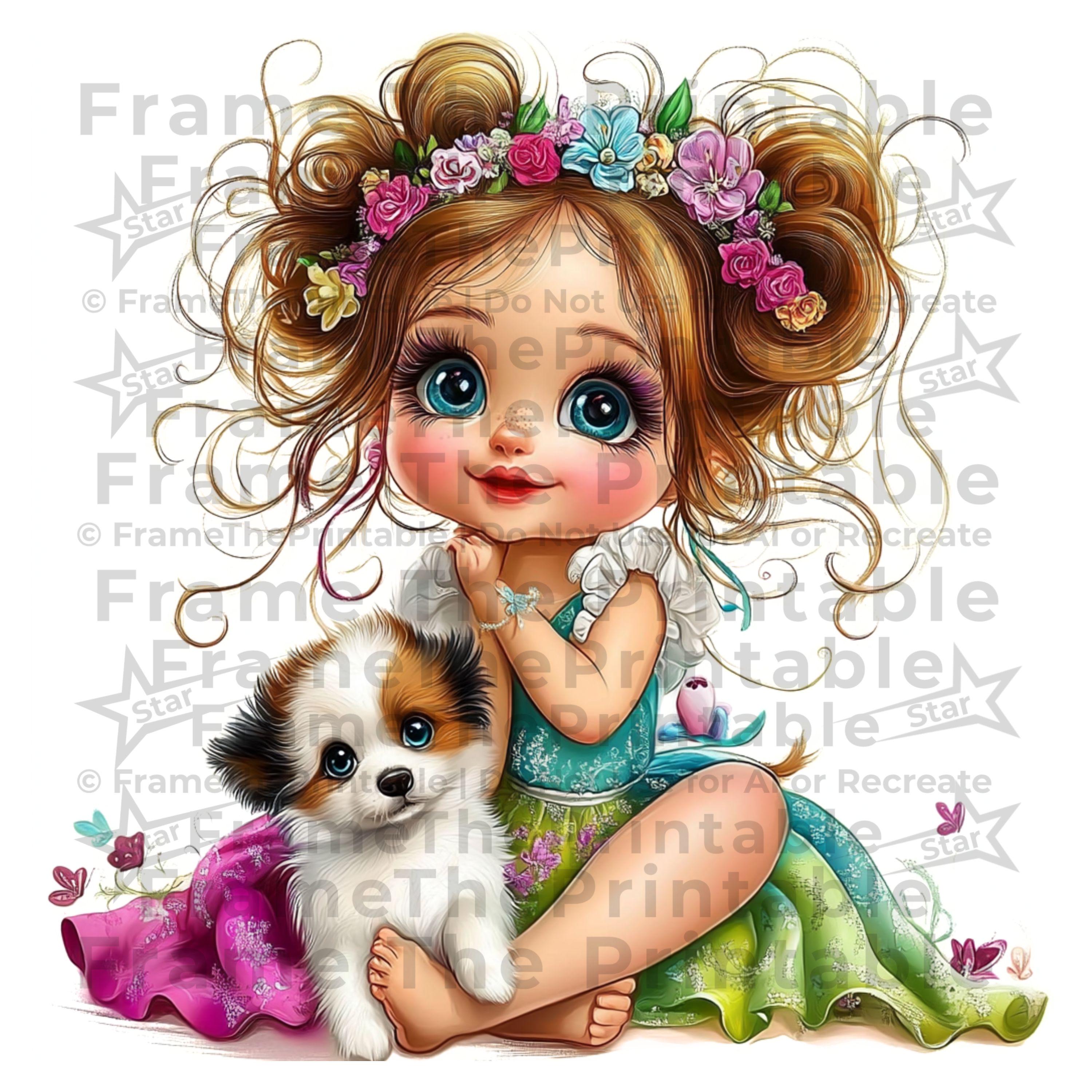 子犬と女の子のクリップアートセット、カード、日記、クラフト用の