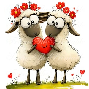 Clipart de ovejas enamoradas, divertidos corderitos con corazones para San Valentín, creación de tarjetas de boda, descarga digital para uso comercial (300 DPI)