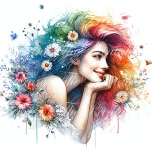 花柄の女性のクリップアート、お風呂で花を持つ女性、JPG水彩画、ファンタジー画像、誕生日カード作り、ジャンクジャーナル、スクラップブック、ダウンロード