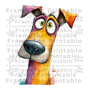 Puede incluir: Una ilustración de acuarela caprichosa de un perro con ojos grandes y expresivos. El pelaje del perro es una mezcla de tonos naranja, morado y amarillo. Las orejas del perro son una mezcla de naranja y morado. El perro tiene una gran nariz negra y largos bigotes.