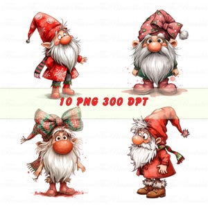 May include: Four whimsical Christmas gnome illustrations. Each gnome has a long white beard, a red nose, and wears a festive hat and outfit. The text "10 PNG 300 DPT" is displayed in red. The gnomes are in various poses.