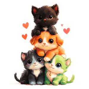 Imágenes prediseñadas de gatos con amor peculiar, gatitos caprichosos, acuarela, imágenes JPG de 300 ppp, diario basura, álbum de recortes, creación de tarjetas, descarga digital, arte de fantasía