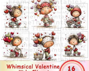 Può includere: Sei illustrazioni stravaganti di bambini con cuori per San Valentino. Le immagini mostrano bambini con cuori, che vanno in scooter o tirano un carretto. La tavolozza dei colori include rosso, rosa e bianco. Il testo "Whimsical Valentine Kids Clipart" è in basso.