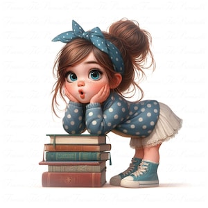 Clipart di una ragazza carina che legge, pacchetto PNG per amanti dei libri, illustrazione di una ragazza della scuola, bambini con libri in sublimazione, diario di studio con grafica artistica per bambini