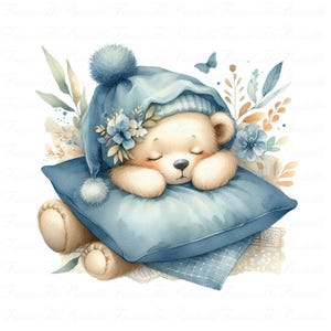 Clipart ours endormi, ourson nouveau-né, pyjama bleu pour chambre d'enfant, ours en peluche mignon avec oreiller, ensemble PNG 300 DPI, sublimation baby shower