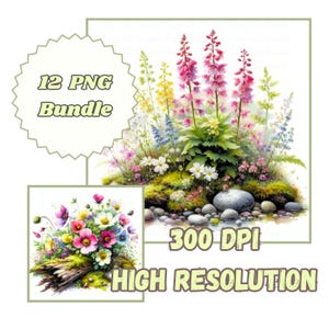 Clipart fleurs sur bûche et pierres, aquarelle botanique-plantes, paquet de bouquets de fleurs roses pourpres bleus, vue florale de la nature pour travaux manuels