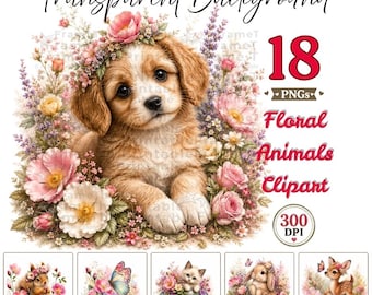 Floral Animal Clipart Bundle, 18 Watercolor Woodland Animal PNGs, Cute Cottagecore Creatures for Scrapbooking and Sublimation