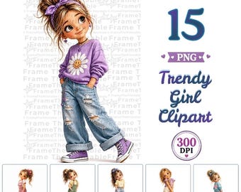 Trendy Girl Clipart, Cute Fashion Girl PNG, Casual Outfit Digital Clip Art, 15 PNG Bundle