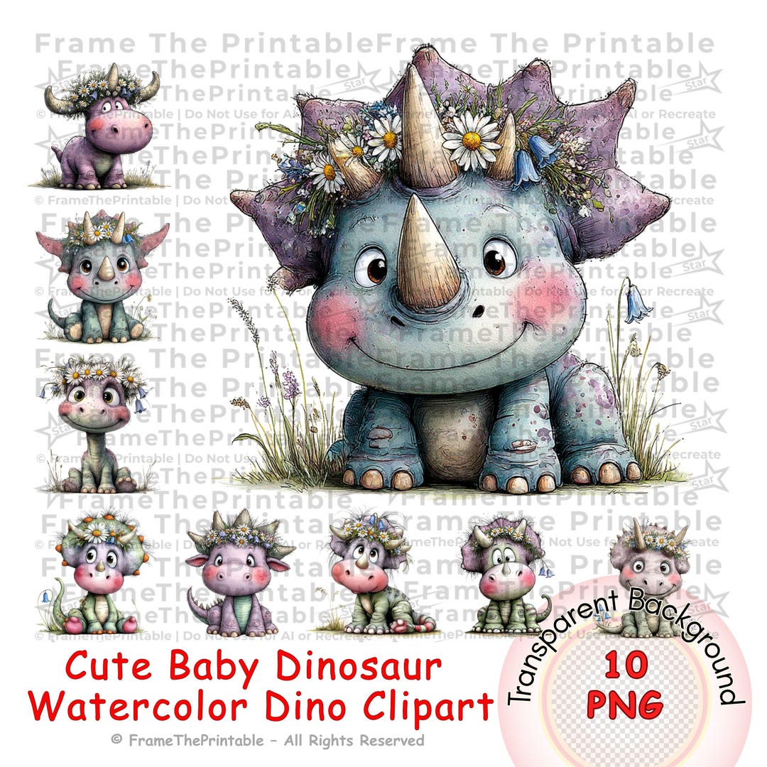 Baby Dinosaur Clipart Watercolor Dino PNG Floral Cute Animals Nursery ...