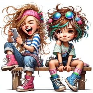 Schrullig Freunde Mädchen Clip Art High Res Glückliche Mädchen Aquarell für Karten machen Scrapbooking Downloads JPGs für Mixed Media Kommerzielle Nutzung