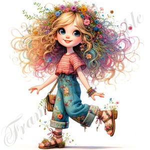 12 Whimsical Girl with Flowers Clipart, Spring Doll Floral JPG, Digital Art High Res Bundle, Adorable Girl Fantasy Journal Digital Scrapbook