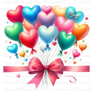 Clipart ballonboeket, veelkleurige ballonnen verjaardagsfeestje, bloemenaccenten, strikken, viering ontwerp, grafische kaart maken, 24 png