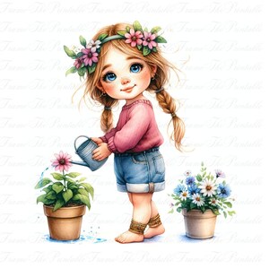 May include: Watercolor illustration of a young girl watering flowers. She wears a pink sweater, denim shorts, and a floral headband. A watering can pours water onto a pink flower in a terracotta pot. Another pot of blue and white flowers is nearby.