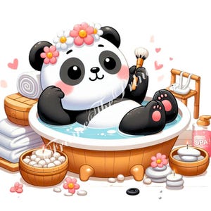 Paquete de imágenes prediseñadas de Panda relajante en un spa, 10 lindas imágenes JPG de 300 DPI, arte de bienestar animal kawaii, descarga digital para calcomanías e impresión