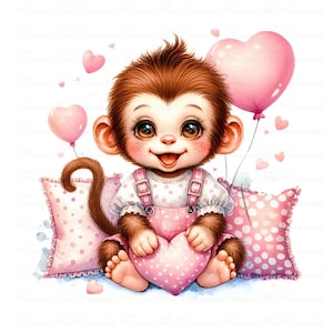 May include: A watercolor illustration of a cute baby monkey with brown fur, wearing pink overalls and holding a pink heart. The monkey is sitting between two pink polka-dot pillows and has two pink heart-shaped balloons.