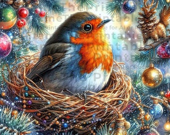 Conjunto de imágenes prediseñadas de petirrojo navideño con pájaros festivos en ramas decoradas para tarjetas, manualidades y proyectos festivos. 12 imágenes PNG. Descarga instantánea.