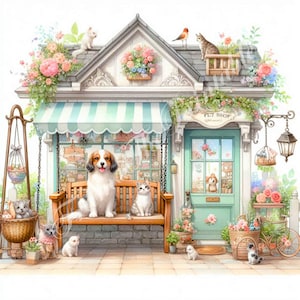 12 Clipart in stile vintage per negozi di animali, illustrazioni di negozi di animali domestici, saldi di simpatici animali, case di animali floreali, set di JPG di arte digitale