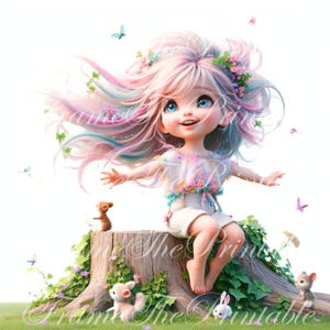 Kleines Mädchen mit Tiere Clipart süße Puppe wunderliche Ephemera JPGs Kommerzielle Nutzung Fantasy Junk Journal Papier Handwerk Downloads Puppe druckbare